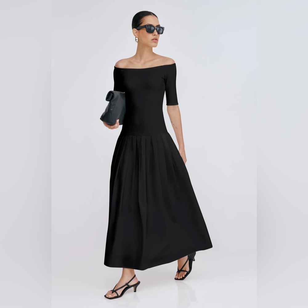 Marcella NYC Mixed Media Black Off-Shoulder Dress. Size S